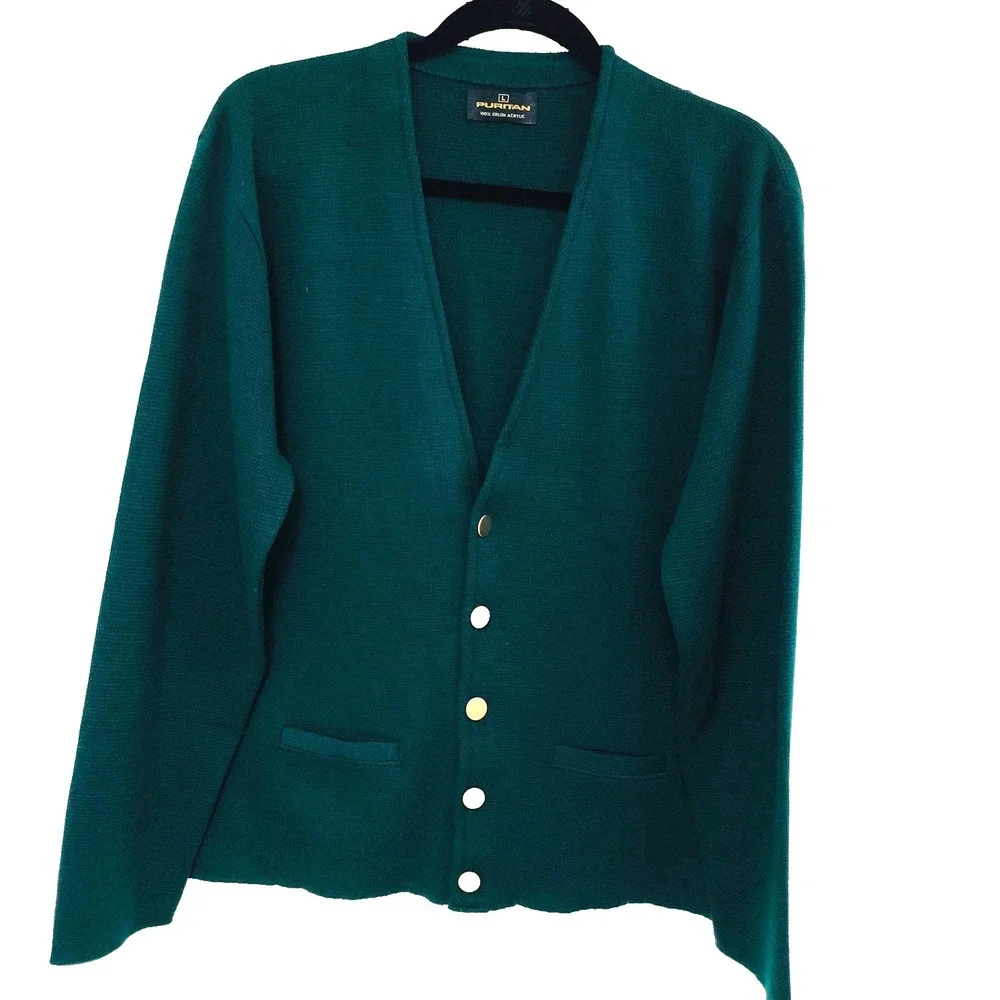 Vintage‎ Green Knit Cardigan Sweater Mens L Mr Rogers Academia Orlon Puritan